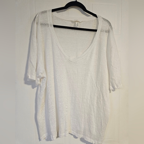 H&M 100% Linen Womens XL White Solid Basic Shirt V Neck Oversized Short Sleeve - Picture 5 of 5